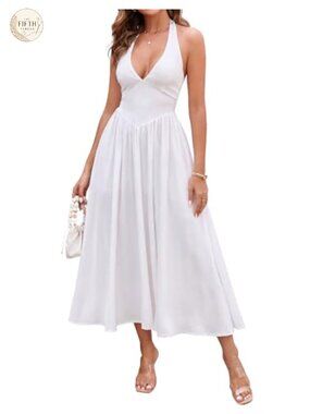 Halter Corset Midi Dress Backless Smocked High Waist A-Line Summer